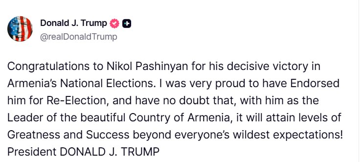Трамп поздравил Пашиняна с победой на выборах в Армении